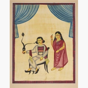 A large Kalighat painting of a gentleman smoking with attendant