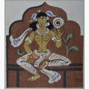Sitting figure with a pair of wings on the head by Nandalal Bose (1937)